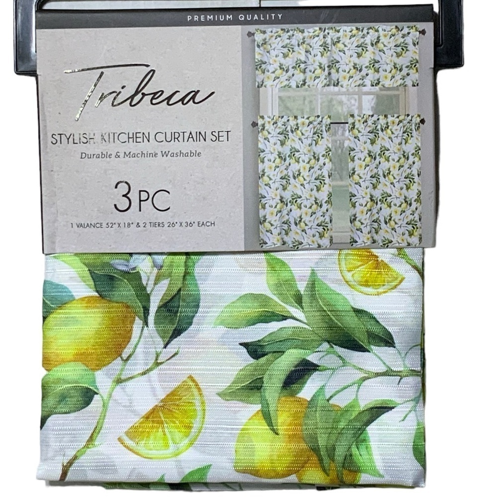 Tribeca Cafe Curtain Set Lemon Print 3 Piece Tier Set Fruit Floral White Yellow - Picture 8 of 15